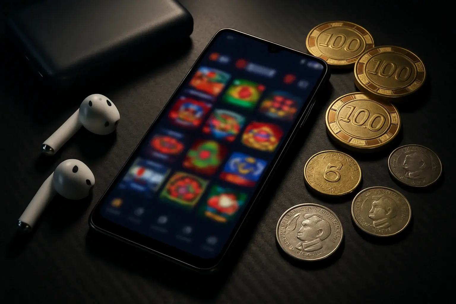 Ultra-realistic flat-lay of Android casino app with chips and peso coins