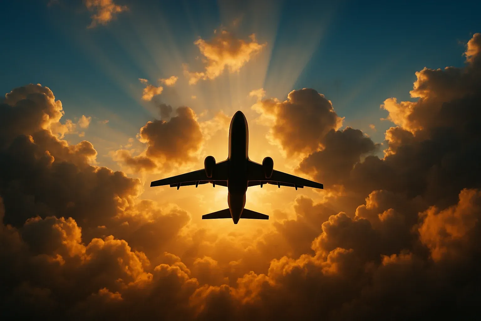 Modern plane silhouette ascending through golden-hour clouds with dramatic sun rays