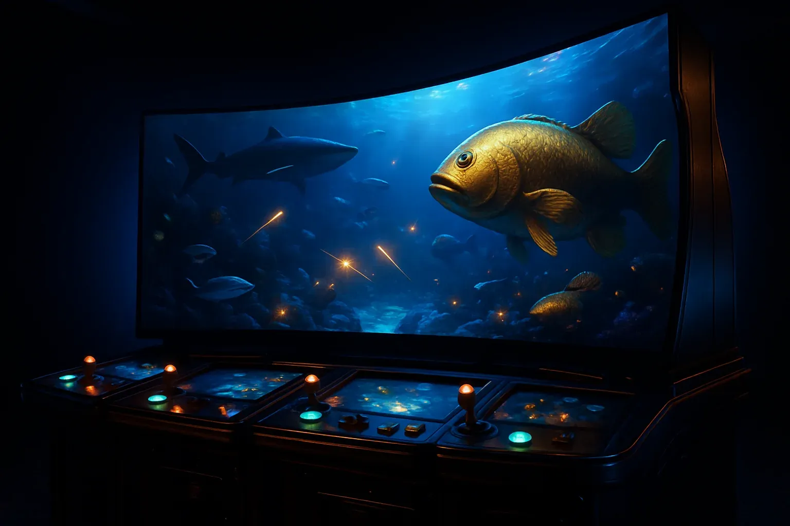 Cinematic wide shot of fishing game arcade cabinet in Philippine casino
