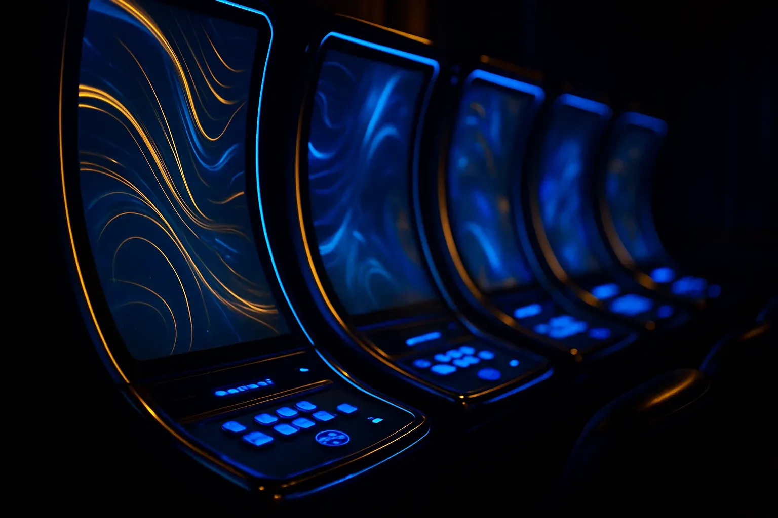 Ultra-realistic curved slot screens glowing in dark blue and gold lounge