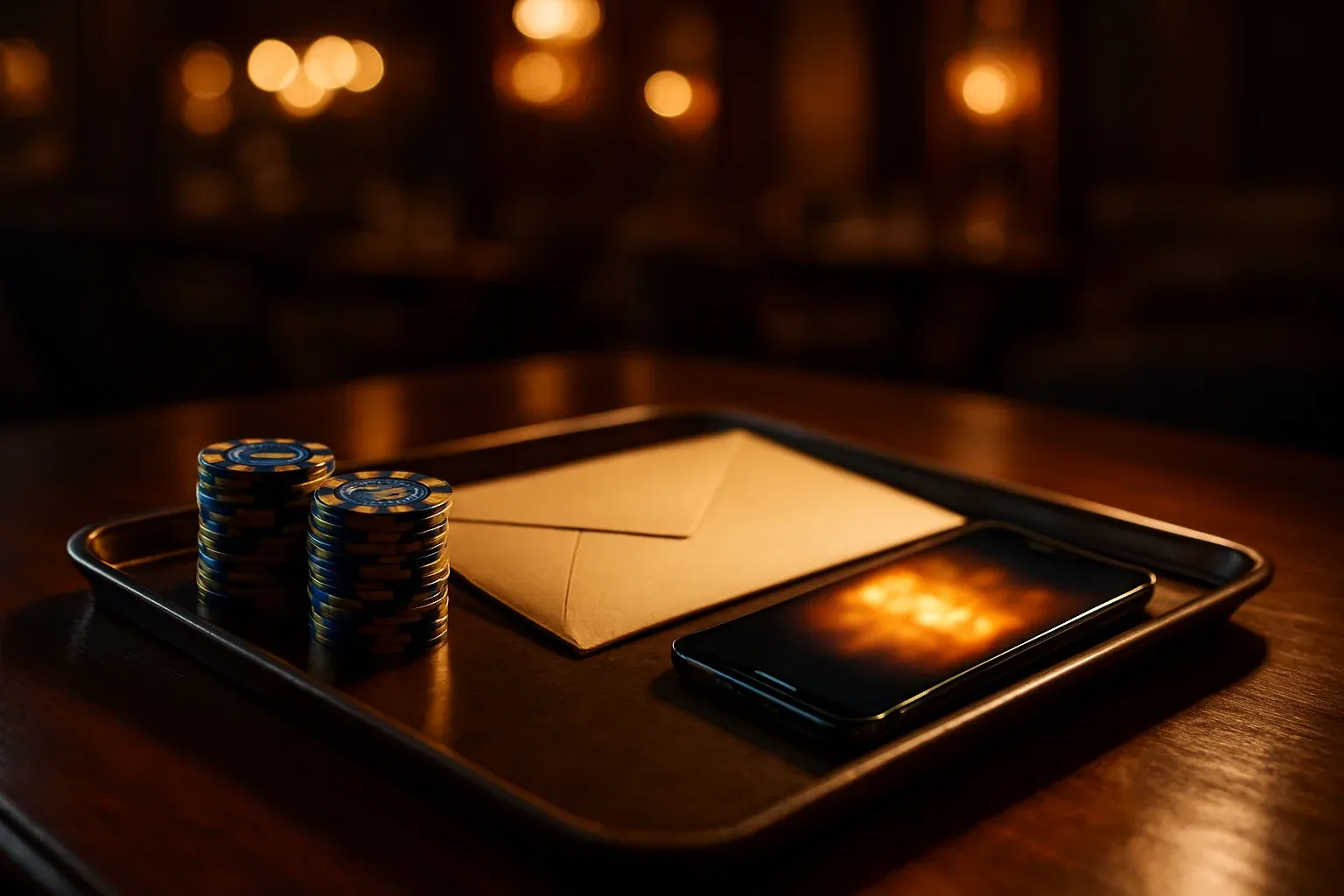VIP casino bonus tray with blue gold chips and smartphone in Manila lounge