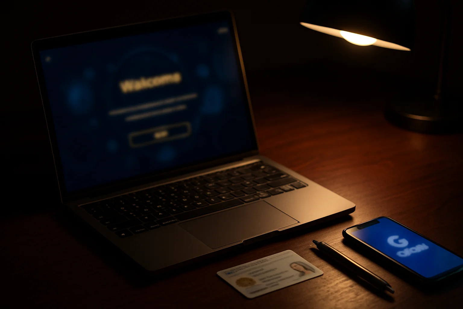 Premium online casino registration on laptop with ID card and smartphone
