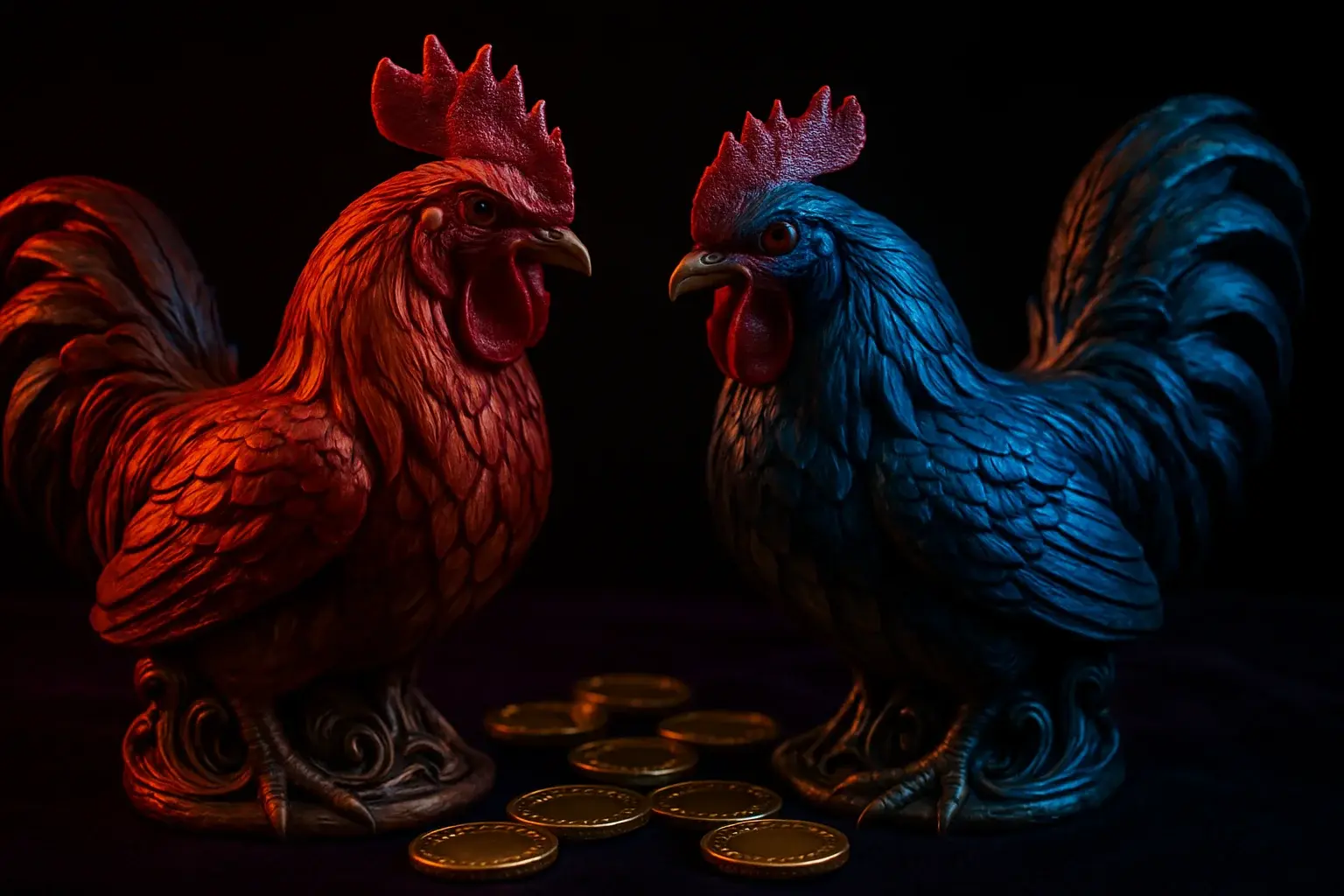 Red and blue ornate rooster statuettes facing off with golden casino chips