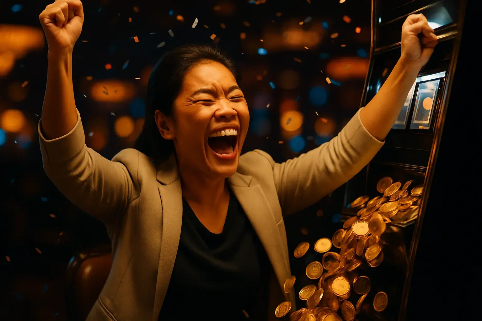 Filipino woman celebrating jackpot as golden coins spill from slot machine