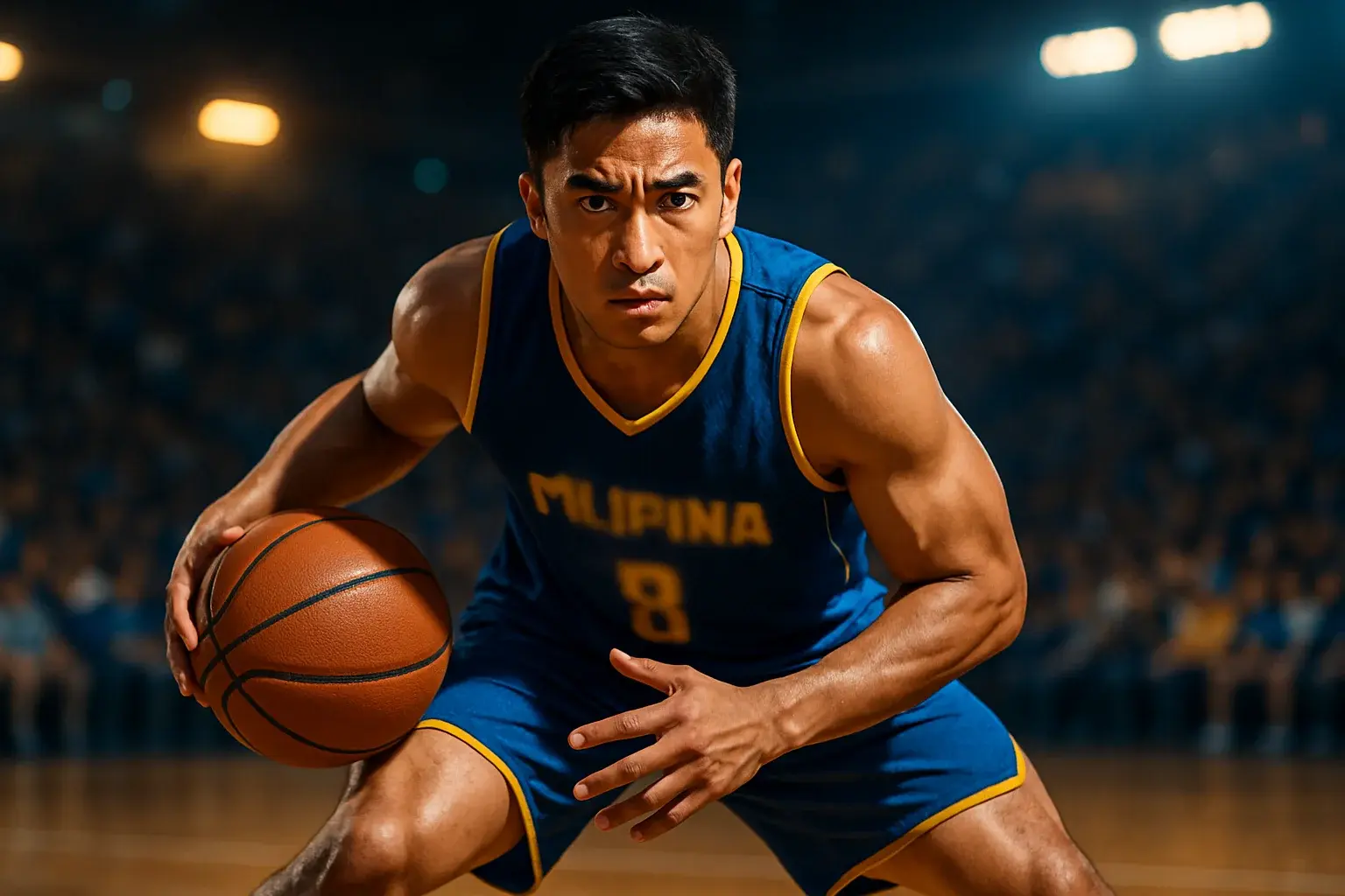 Ultra-realistic Filipino basketball player dribbling mid-court under arena lights
